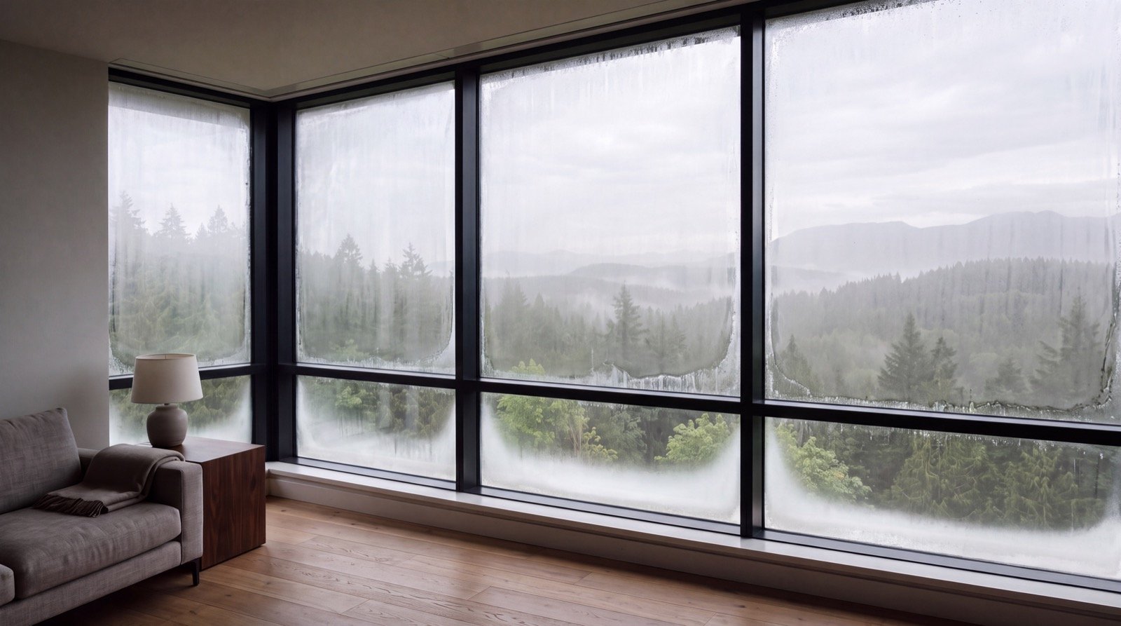 Foggy window with condensation between the panes — failed sealed unit, Metro Vancouver